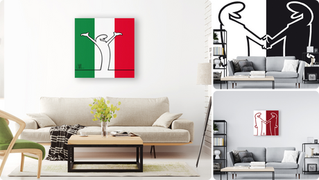 Opere d'arte minimaliste della collezione MrLINEA Team con figure che si stringono la mano su sfondi bicolore: rosso e bianco, bianco e nero, Granata e la Bandiera Italiana