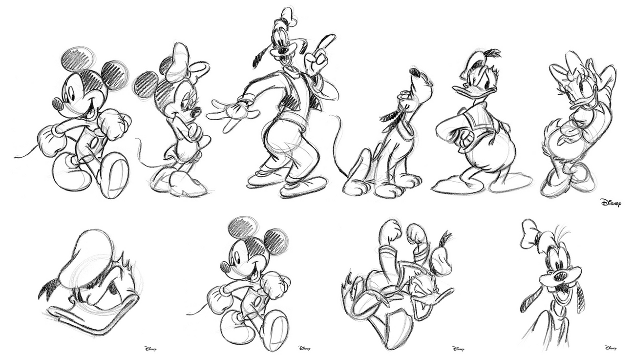 Tele con schizzi a matita di Mickey, Minnie, Goofy e Donald, caratterizzati da uno stile artistico unico che cattura l'essenza dei personaggi Disney.