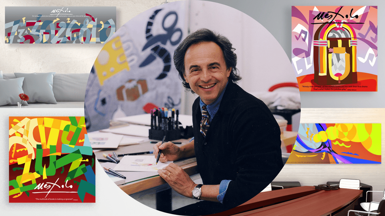Ugo Nespolo circondato dalle sue opere vibranti e colorate che riflettono il suo stile unico, con una combinazione di pop art e surrealismo che cattura l'essenza del quotidiano trasformandolo in arte straordinaria