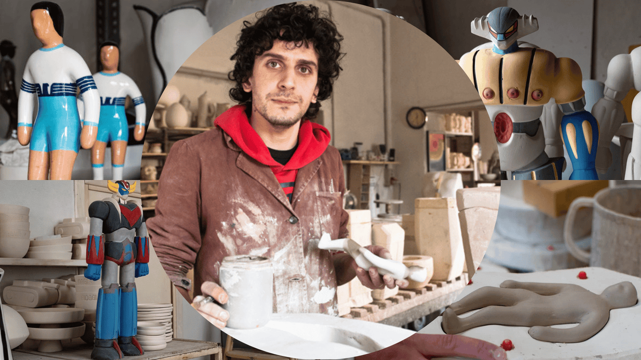 Immagine dell'artista S.PUZZO con le sue creazioni in ceramica, che uniscono tradizione e innovazione, incluse sculture e figure uniche di design.