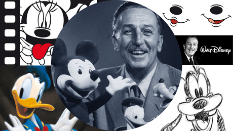 Collage visivo celebrativo di Walt Disney e personaggi iconici come Topolino, Paperino, e Minnie. L'immagine include ritratti fotografici e disegnati di Walt Disney, simbolizzando il patrimonio e l'influenza di Disney nell'animazione.