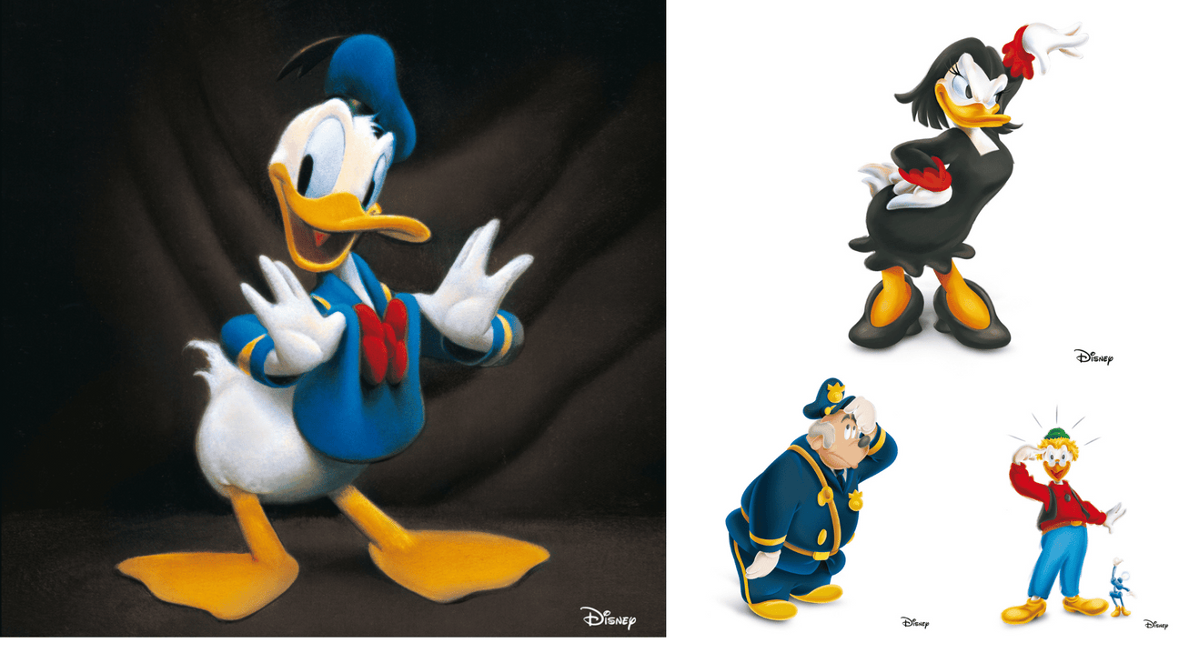 Tele con personaggi Disney in stile pittorico, inclusi Donald Duck, Daisy Duck e altri, perfetti per arricchire la tua casa con un tocco di magia Disney.