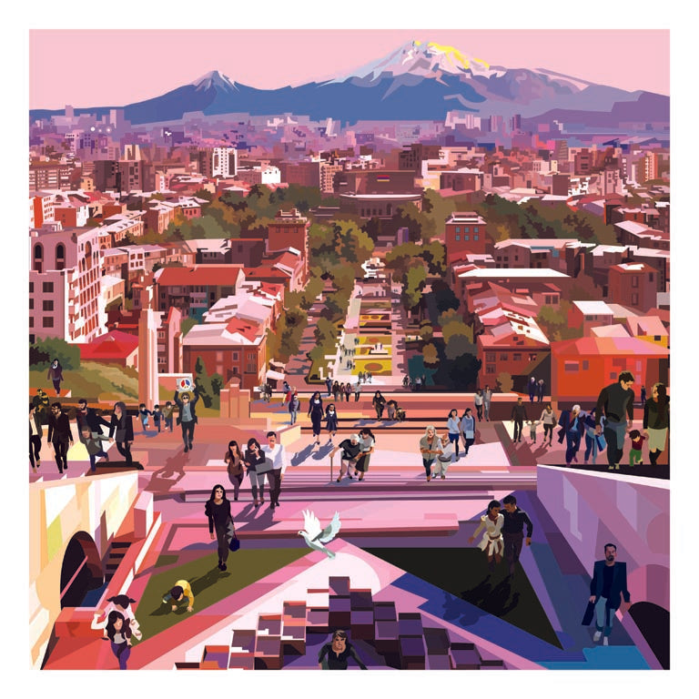 Opera d'arte "Yerevan Goes Up" di Pierpaolo Rovero, parte della collezione "IMAGINE ALL THE PEOPLE", 30x30 cm, firmata a mano.