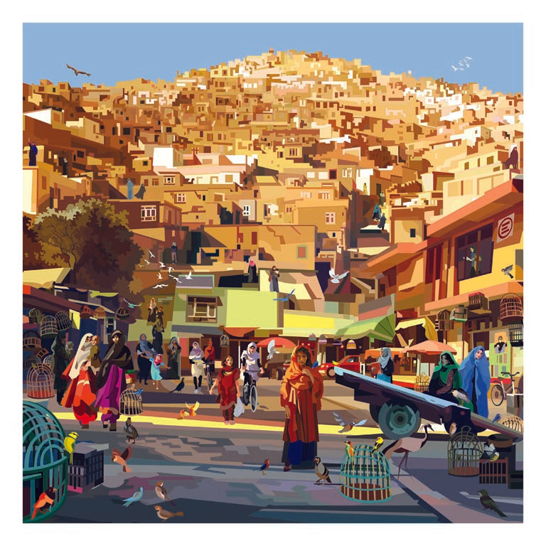 Opera d'arte "Kabul Loves Birds" di Pierpaolo Rovero, parte della collezione "IMAGINE ALL THE PEOPLE", 30x30 cm, firmata a mano.