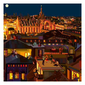 Opera "Milan Cheers II" di Pierpaolo Rovero, collezione "IMAGINE ALL THE PEOPLE", 30x30 cm, firmata a mano, con vista sul Duomo di Milano.