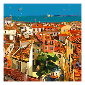 Opera "Lisbon Rooftops" di Pierpaolo Rovero, collezione "IMAGINE ALL THE PEOPLE", 30x30 cm, firmata a mano, con una vista vivace sui tetti di Lisbona.