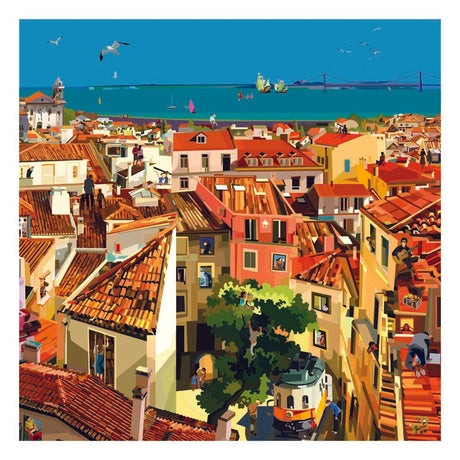 Opera "Lisbon Rooftops" di Pierpaolo Rovero, collezione "IMAGINE ALL THE PEOPLE", 30x30 cm, firmata a mano, con una vista vivace sui tetti di Lisbona.