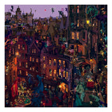 Opera "Edinburgh Lights" di Pierpaolo Rovero, collezione "IMAGINE ALL THE PEOPLE", 30x30 cm, firmata a mano, che raffigura una scena incantata e notturna di Edimburgo.