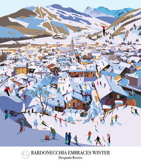 Opera di Pierpaolo Rovero raffigurante Bardonecchia in inverno, con neve, sciatori e case alpine. Illustrazione pop in edizione limitata firmata a mano.