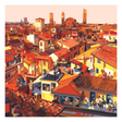 Quadro "Bologna Eats Pasta" di Pierpaolo Rovero, collezione Imagine All the People, dimensione 30x30 cm, rappresentante una vista vibrante di Bologna con dettagli della vita cittadina.