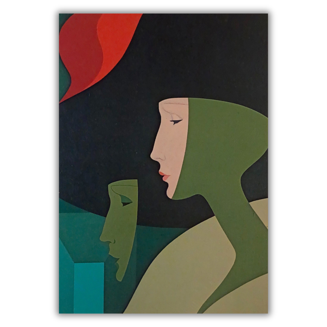 Opera artistica 'I DUE VOLTI' del 1979 di A. Dalla Costa, raffigurante due profili in un gioco di colori e forme, su MycromArt.