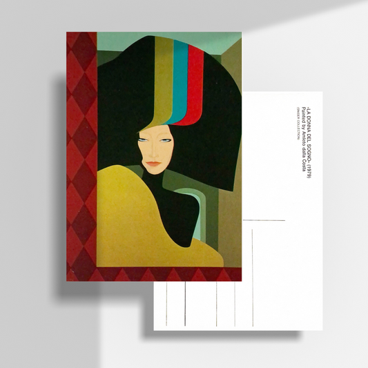 Cartolina fronte/retro con arte 'LA DONNA DEL SOGNO' di A. Dalla Costa, ritratto stilizzato di donna elegante del 1979, ora su MycromArt.