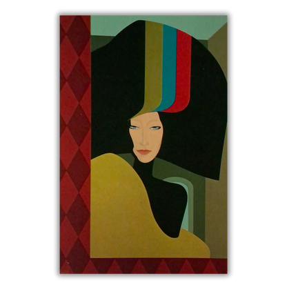 Cartolina con arte 'LA DONNA DEL SOGNO' di A. Dalla Costa, ritratto stilizzato di donna elegante del 1979, ora su MycromArt.