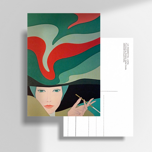 Cartolina fronte e retro de 'LA SIGARETTA' del 1979 di A. Dalla Costa, raffigurante una donna elegante che fuma, con un'atmosfera di serenità e stile.