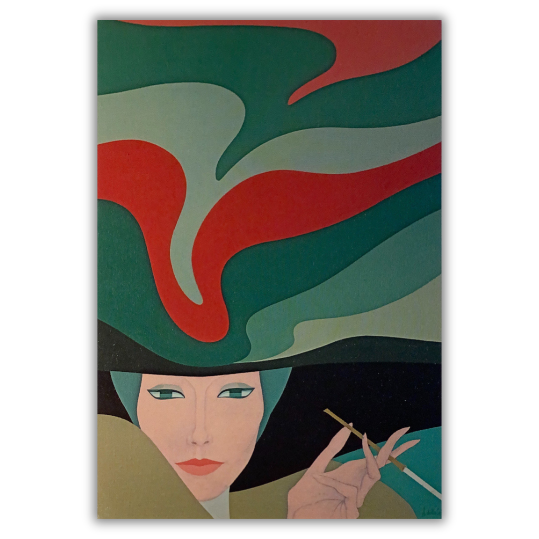 Opera 'LA SIGARETTA' del 1979 di A. Dalla Costa, raffigurante una donna elegante che fuma, con un'atmosfera di serenità e stile.