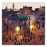 Illustrazione "Lecce" di Pierpaolo Rovero con una piazza al tramonto e danze popolari, parte della collezione "Imagine All the People", firmata a mano dall'artista.