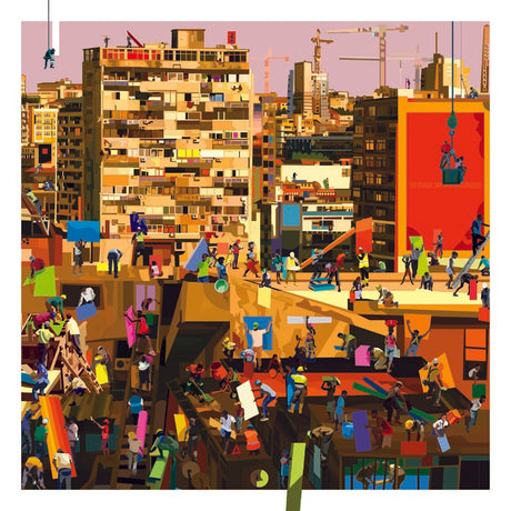 Illustrazione "Luanda" di Pierpaolo Rovero raffigurante un cantiere urbano, parte della collezione "Imagine All the People", firmata a mano dall'artista.