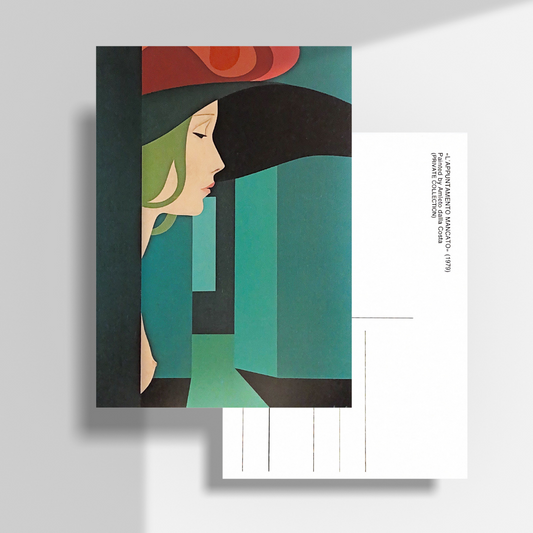 Cartolina con l'arte 'L'appuntamento mancato' del 1979 di A. Dalla Costa, raffigurante un elegante profilo femminile in stile modernista.