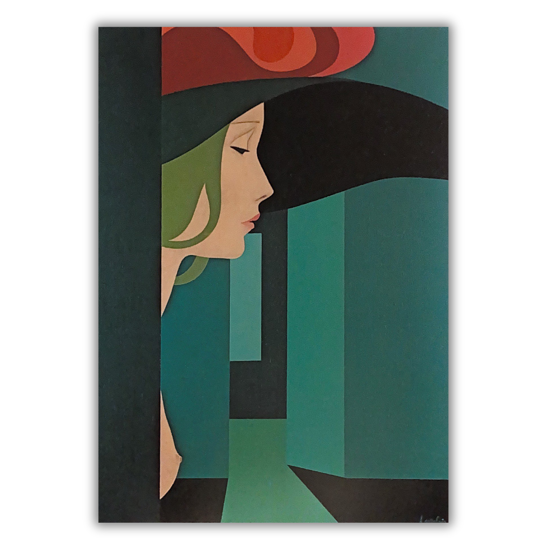 Cartolina con l'arte 'L'appuntamento mancato' del 1979 di A. Dalla Costa, raffigurante un elegante profilo femminile in stile modernista di Mycrom.art