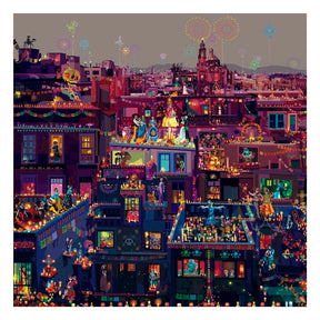 Illustrazione "Mexico City" di Pierpaolo Rovero, con i festeggiamenti del Día de los Muertos, firmata dall'artista, parte della collezione "Imagine All the People".