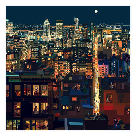 Illustrazione "Montreal Nights" di Pierpaolo Rovero, raffigurante la vibrante vita notturna di Montreal. Parte della collezione "Imagine All the People".