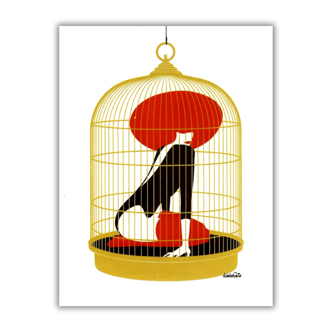 Serigrafia 'The Golden Cage' di Amleto Dalla Costa con silhouette femminile in una gabbia dorata, simbolo di bellezza e confinamento.