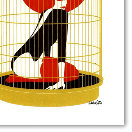 Dettaglio Serigrafia 'The Golden Cage' di Amleto Dalla Costa con silhouette femminile in una gabbia dorata, simbolo di bellezza e confinamento.