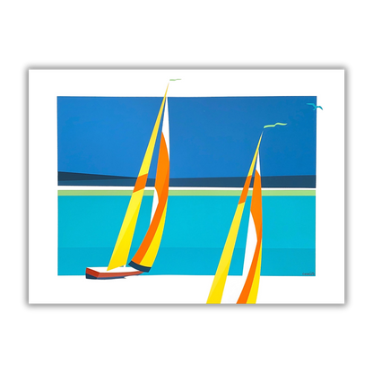 Quadro Serigrafia 'MIKONOS' di Amleto Dalla Costa, con vivaci vele su mare blu, arte limitata che evoca l'isola greca e l'emozione della vela.
