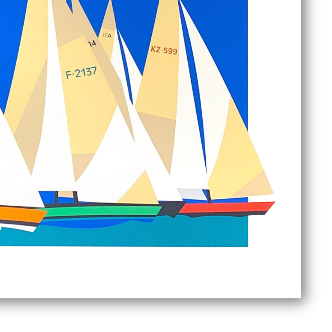 Dettaglio quadro Serigrafia "ADMIRAL'S CUP" di Amleto dalla Costa con barche a vela colorate in regata, edizione numerata e limitata dalla Collezione EMOZIONE VELA.