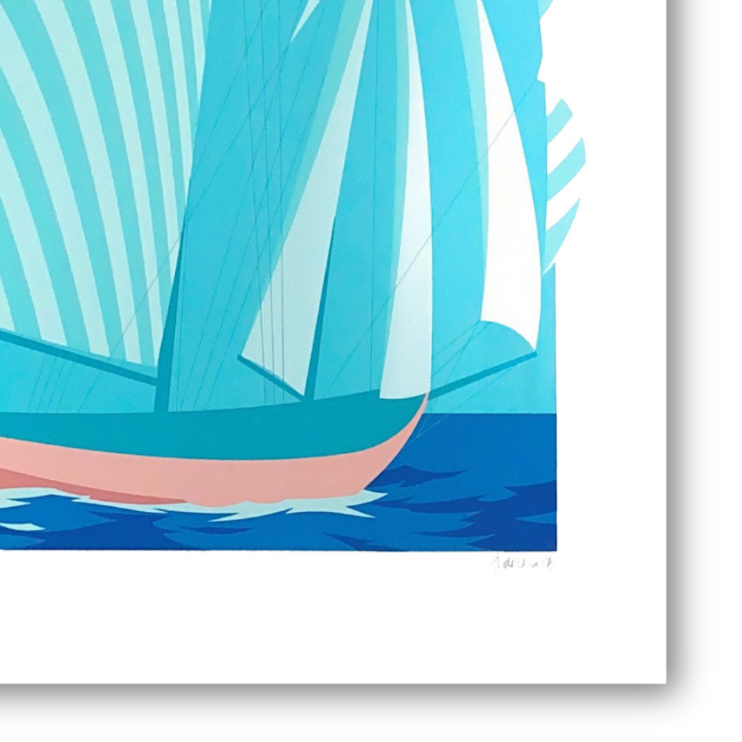 Dettaglio Quadro Serigrafia "Scirocco" - Serigrafia vivace di Amleto Dalla Costa, che incarna la forza e il colore del vento mediterraneo, dalla Collezione EMOZIONE VELA.