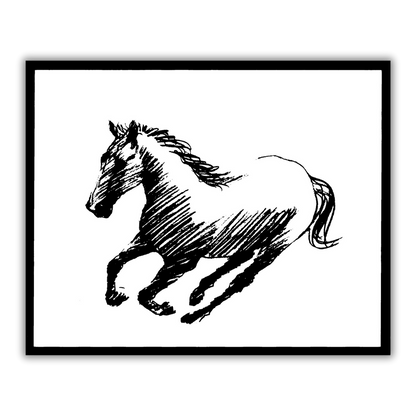 Quadro Serigrafia 'Trotting Horse on the left' di Amleto Dalla Costa, parte della collezione Black&White Horses, arte di impatto visivo."