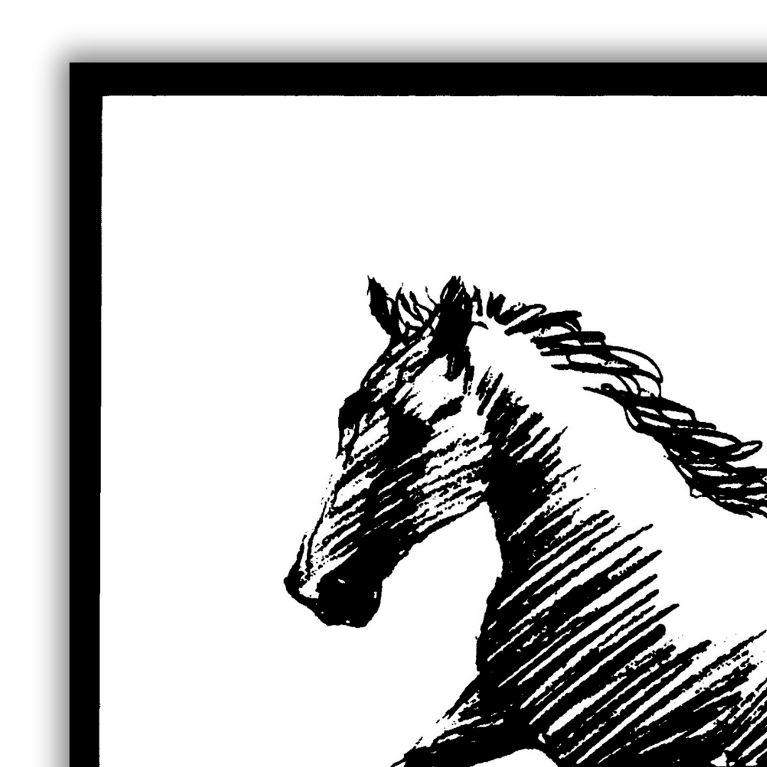 Dettaglio quadro Serigrafia 'Trotting Horse on the left' di Amleto Dalla Costa, parte della collezione Black&White Horses, arte di impatto visivo."