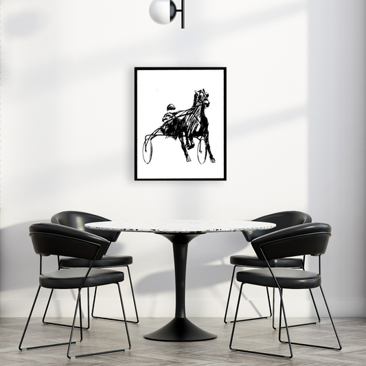 Ambientazione Sala riunioni Quadro Serigrafia 'Trotting Horse' dalla Black & White Horses Collection di Amleto Dalla Costa, arte minimale che esprime eleganza e dinamismo.