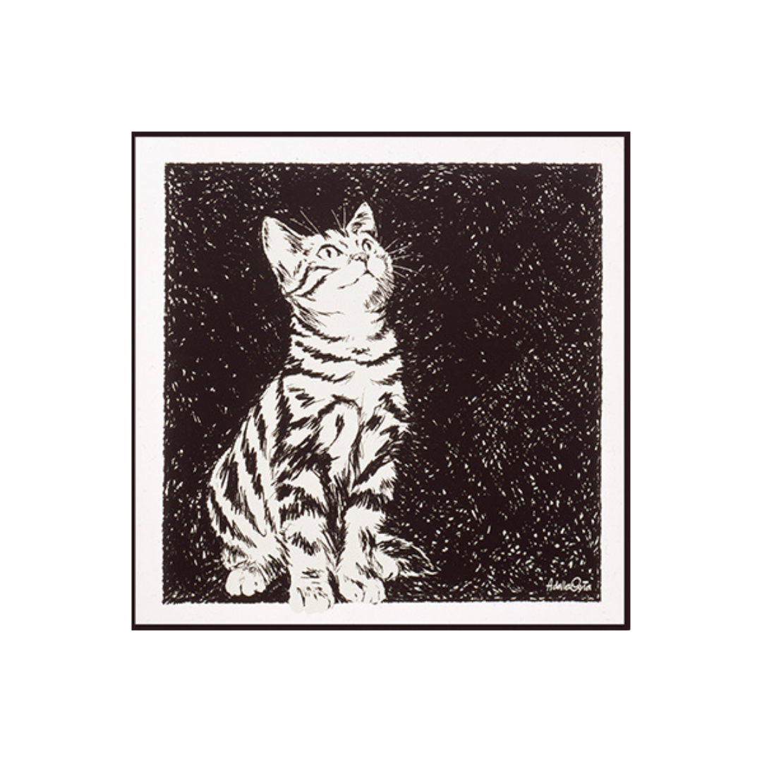 Serigrafia Illustrazione in bianco e nero 'Briscola' di A. Dalla Costa, raffigurante un gatto affascinato e attento, disponibile su MycromArt.