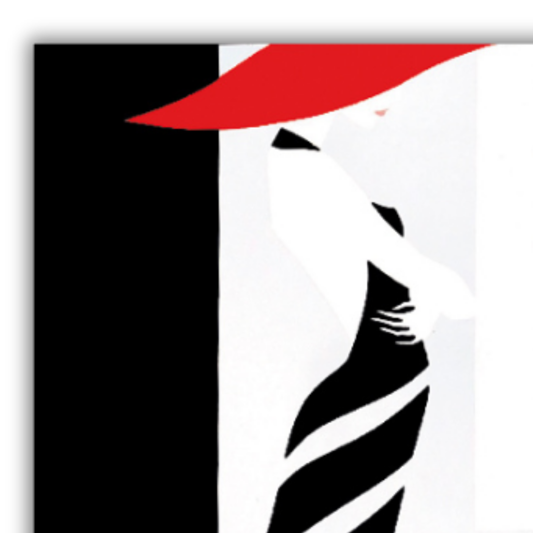 Dettaglio Quadro Stampa serigrafata 'Effetto Donna' di Amleto Dalla Costa, con silhouette femminile stilizzata in bianco, rosso e nero.