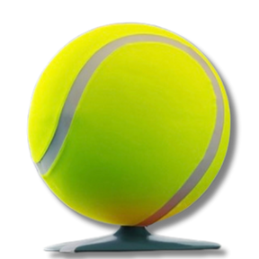 Pouf a forma di pallina da tennis gigante su base nera