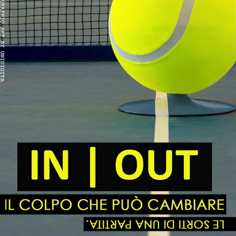 Grafica con pouf a forma di pallina da tennis e testo IN | OUT