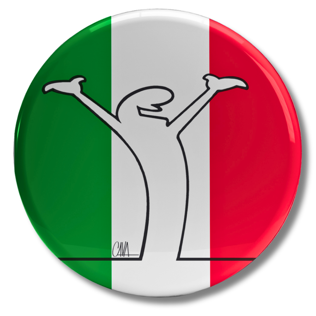 Bollino adesivo "Tricolore Mr. Linea" con disegno vittorioso su sfondo tricolore, per collezionisti e tifosi appassionati.