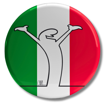Bollino adesivo "Tricolore Mr. Linea" con disegno vittorioso su sfondo tricolore, per collezionisti e tifosi appassionati.