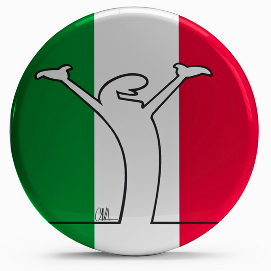 Bollino adesivo "Tricolore Mr. Linea" con disegno vittorioso su sfondo tricolore italiano, per collezionisti e tifosi appassionati.