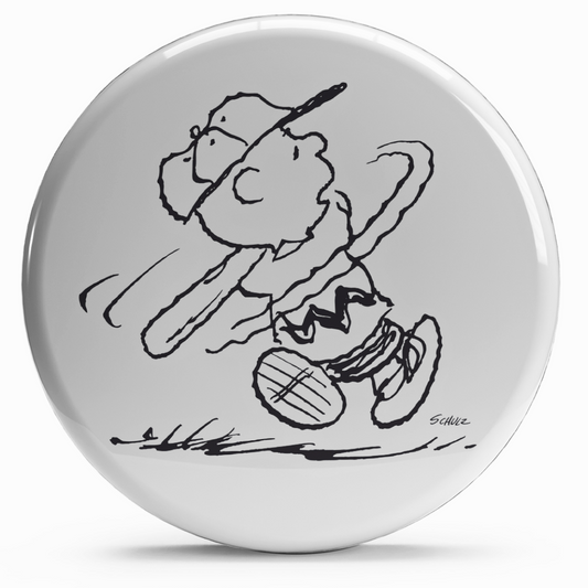 Bollino adesivo di Charlie Brown giocando a baseball, diametro 2,5 cm, perfetto per amanti del baseball e collezionisti dei Peanuts.