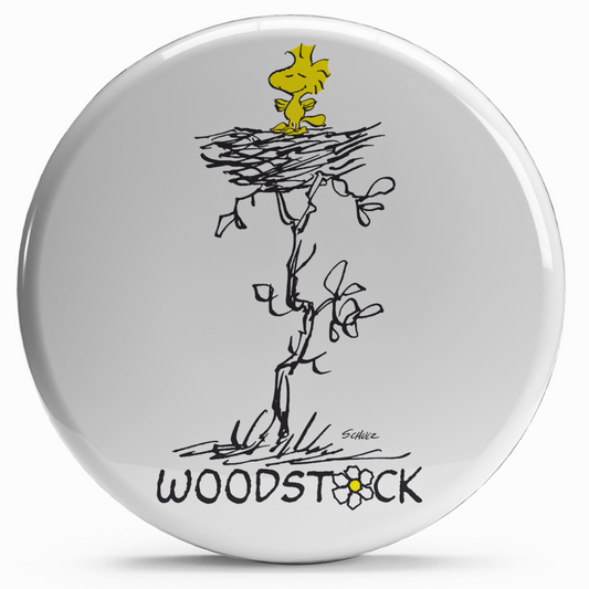 Bollino adesivo di Woodstock nel nido sull'albero, diametro 2,5 cm, per un tocco naturale e giocoso dei Peanuts.