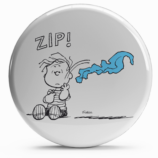 Bollino adesivo di Linus con espressione sorpresa e la parola 'ZIP!', diametro 2,5 cm, per un tocco di allegria Peanuts.