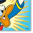 Dettaglio Quadro Stampa pop art di Paperino con il grido 'QUACK!', piena di colore e vita, disponibile su tela e carta eco, perfetta per un ambiente moderno.