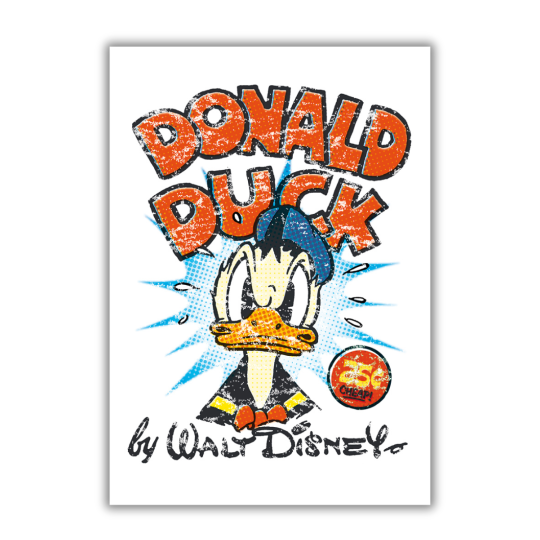 Quadro Stampa pop art vintage di Donald Duck, con vibrante effetto halftone, disponibile su tela e carta eco, per un décor Disney autentico.