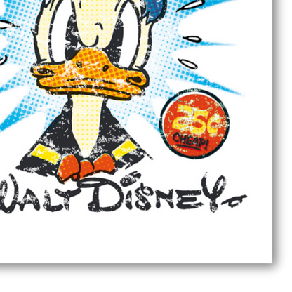Dettaglio Quadro Stampa pop art vintage di Donald Duck, con vibrante effetto halftone, disponibile su tela e carta eco, per un décor Disney autentico.