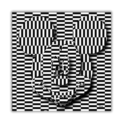 Quadro Il viso di Mickey Mouse in un'illusione ottica 3D su sfondo a scacchiera che gioca con la profondità e la percezione.
