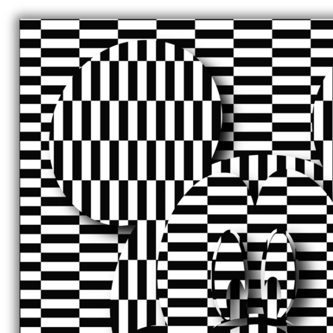 Dettaglio del quadro Il viso di Mickey Mouse in un'illusione ottica 3D su sfondo a scacchiera che gioca con la profondità e la percezione sulla parete di una camera da letto