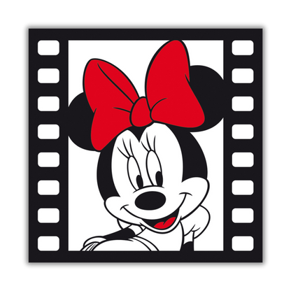 Quadro di Minnie Mouse felice con il suo caratteristico fiocco rosso, ideale per aggiungere un tocco di allegria e magia Disneyana al tuo arredamento.