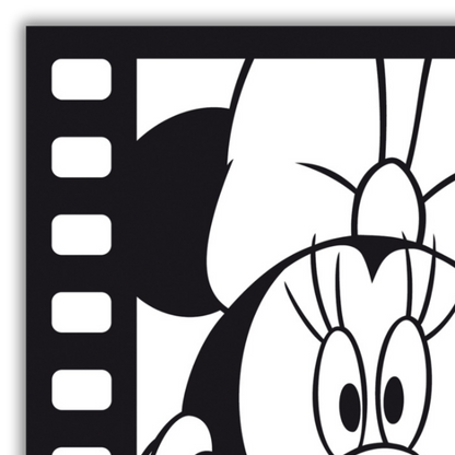 Dettaglio Quadro artistico "Minnie Surprised" con Minnie Mouse in un'espressione di sorpresa, perfetto per portare una scintilla di gioia e meraviglia in ogni stanza. 